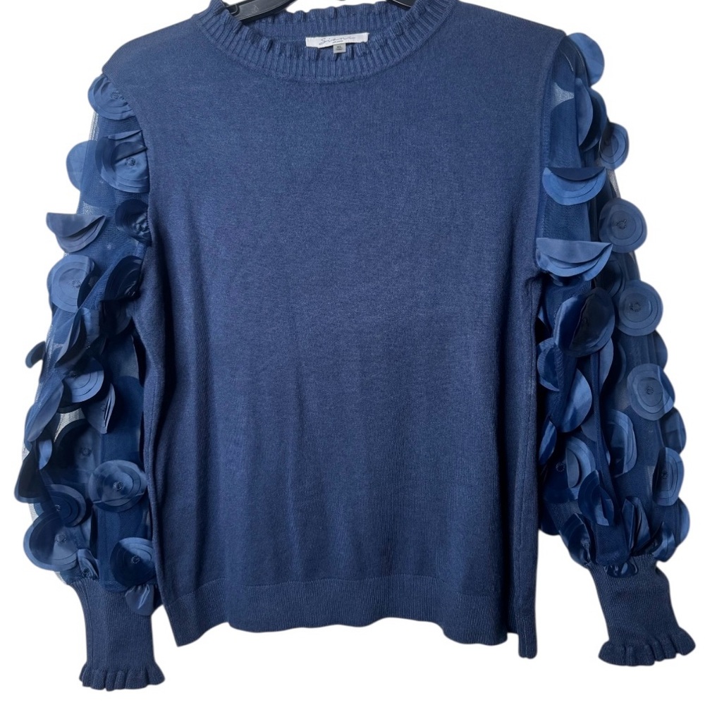 Sioni Blue Crew Neck Sweater with Textured Sleeves